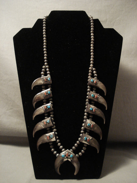 Museum Navajo Turquoise Coral Silver Squash Blsosom Necklace