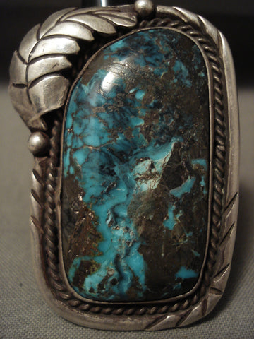 Huge Big Gigantic Vintage Navajo Persin Turquoise Silver Leaf Ring Old