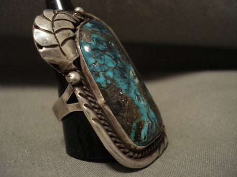 Huge Big Gigantic Vintage Navajo Persin Turquoise Silver Leaf Ring Old