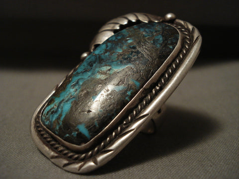 Huge Big Gigantic Vintage Navajo Persin Turquoise Silver Leaf Ring Old