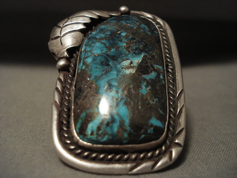 Huge Big Gigantic Vintage Navajo Persin Turquoise Silver Leaf Ring Old