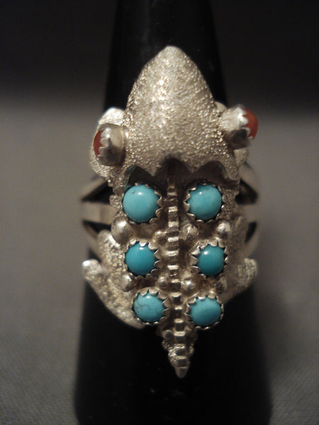 Important Vintage Navajo 'Toad' Turquoise Coral Silver Ring Old