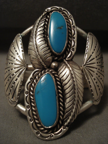 Towering Vintage Navajo Deep Blue Turquoise Silver Fan Bracelet