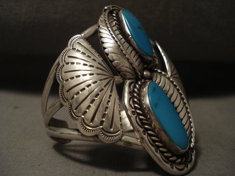 Towering Vintage Navajo Deep Blue Turquoise Silver Fan Bracelet