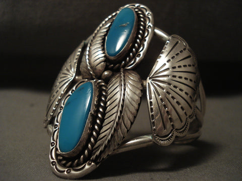 Towering Vintage Navajo Deep Blue Turquoise Silver Fan Bracelet