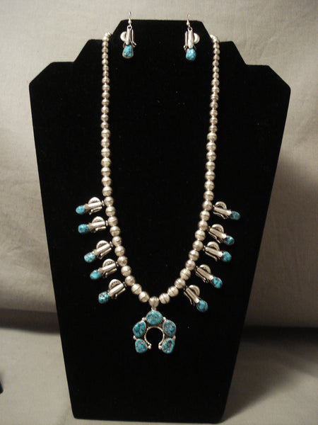 Superior Vintage Navajo Old Kinmgan Turquoise Silver Squash Blossom Necklace