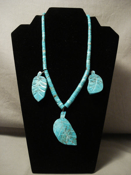 Opulent Vintage Navajo Old Morenci Turquoise Leaf Silver Necklace Old