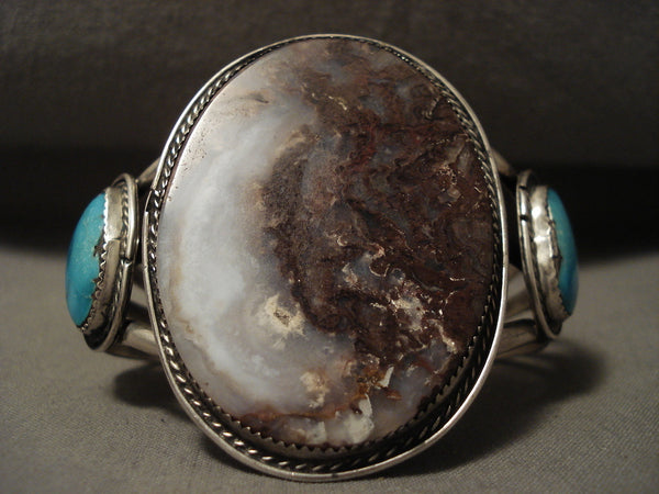 Giant Middle Stone Vintage Navajo Turquoise Agate Silver Bracelet