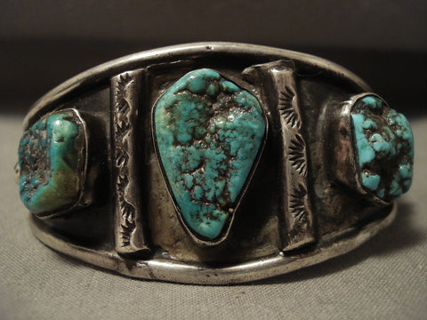 Very Rare Vintage Navajo 'Green Deposit Old Kingman Turquoise' Silver Bracelet