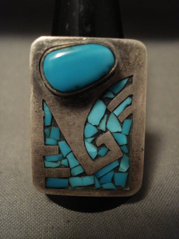 Huge Vintage Navajo Old Sleeping Beauty Turquoise Silver Inlay Ring