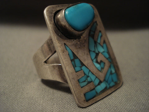 Huge Vintage Navajo Old Sleeping Beauty Turquoise Silver Inlay Ring