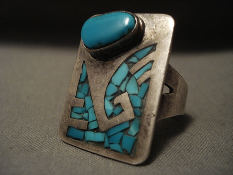 Huge Vintage Navajo Old Sleeping Beauty Turquoise Silver Inlay Ring