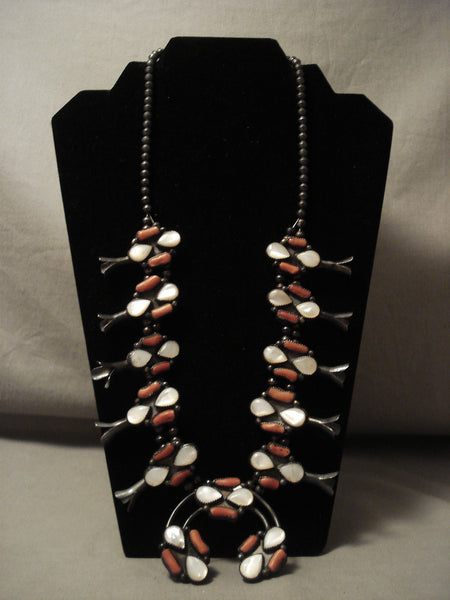 Opulent Very Old Vintage Navajo Natural Coral Silver Squash Blossom Necklace