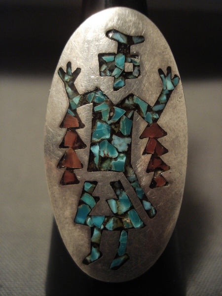 Towering Vintage Navajo Yei Turquoise Coral Silver Ring