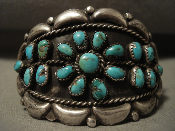 Flower Turquoise Love Vintage Navajo Silver Bracelet Old