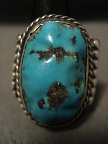 One Of The Biggest Vintage Navajo Persin Turquoise Silver Ring Old