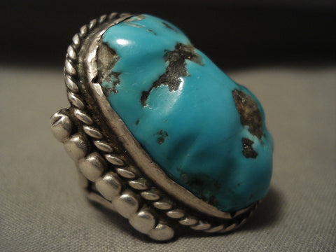 One Of The Biggest Vintage Navajo Persin Turquoise Silver Ring Old