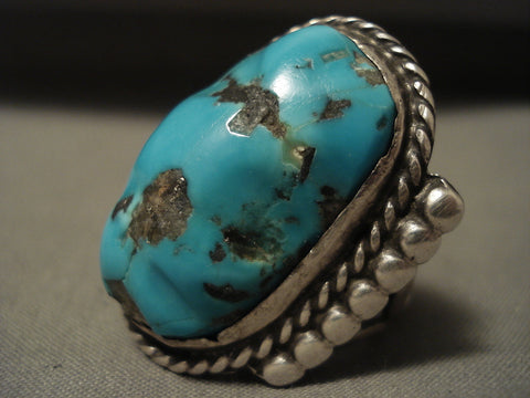 One Of The Biggest Vintage Navajo Persin Turquoise Silver Ring Old