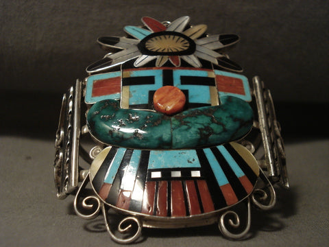 Opulent Zuni Huge Kachina Turquoise Coral Silver Bracelet