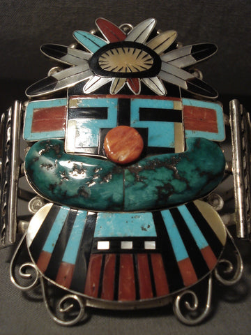Opulent Zuni Huge Kachina Turquoise Coral Silver Bracelet
