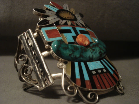 Opulent Zuni Huge Kachina Turquoise Coral Silver Bracelet