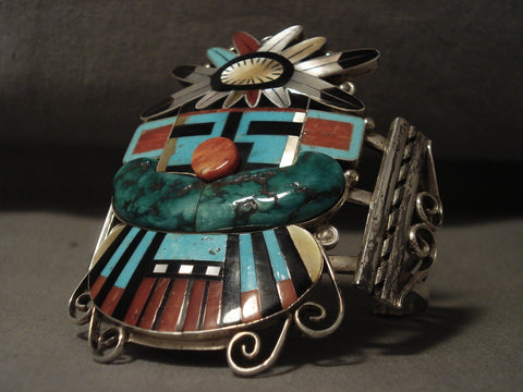 Opulent Zuni Huge Kachina Turquoise Coral Silver Bracelet