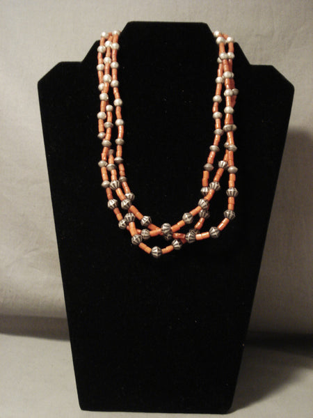 Early 1900's Vintage Navajo Hogan Bead Natural Coral Silver Necklace Old