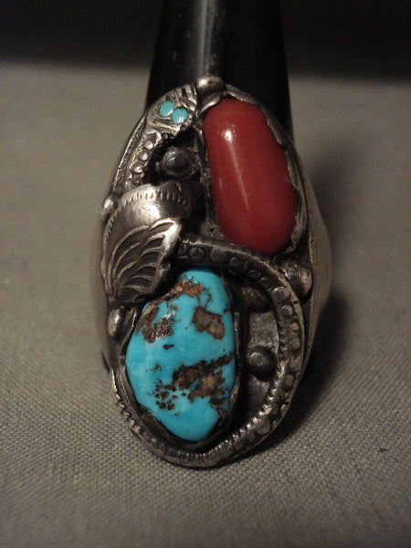 Huge Early Vintage Navajo/ Zuni Persin Turquoise Coral Snake Silver Ring Old