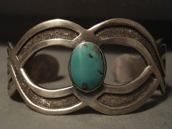 Early Wave Technique Vintage Navajo Domed Turquoise Silver Bracelet Old