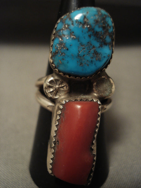 Colossal Vintage Navajo Chunky Coral Turquoise Silver Ring Old