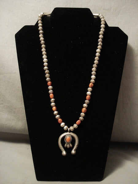 Early 1900's Vintage Navajo Coral Hogan Bead Silver Necklace Old