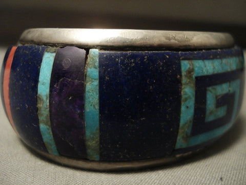 142 Gram Museum Vintage Navajo Turquoise Geometric Hvy Silver Bracelet Old