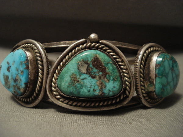 Early Vintage Navajo Carico Lake Blue Gem Old Kingman Turquoise Silver Bracelet