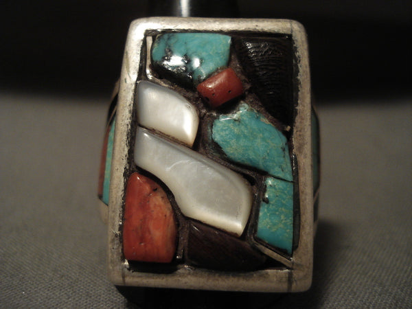 Colossal Vintage Navajo Turquoise Wood Silver Coral Ring Old