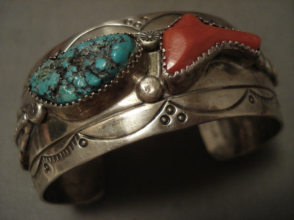 Super Chunky Dunk Coral Vintage Navajo Turquoise Silver Bracelet Old