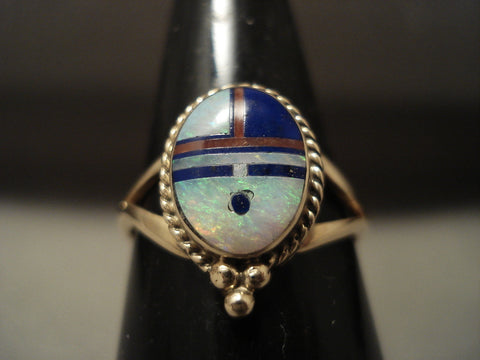 Solid 14k Gold Real Opal Coral Lapis Navajo Ring