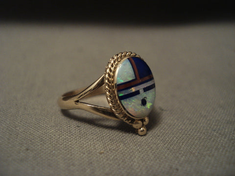 Solid 14k Gold Real Opal Coral Lapis Navajo Ring