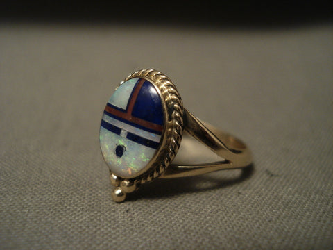 Solid 14k Gold Real Opal Coral Lapis Navajo Ring