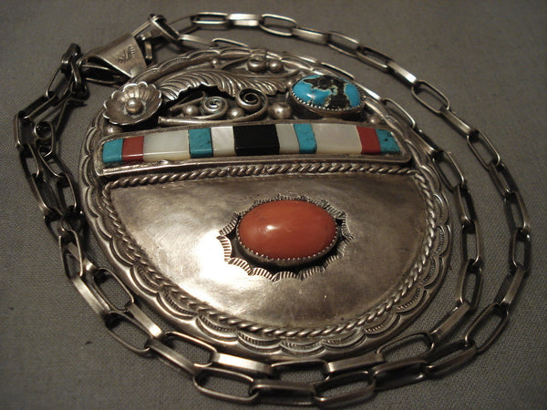 Gigantic Vintage Navajo Coral Persin Turquoise Silver Necklace Old