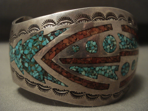 Wide Advanced Technique Vintage Navajo Hand Hammered Silver Bracelet Old