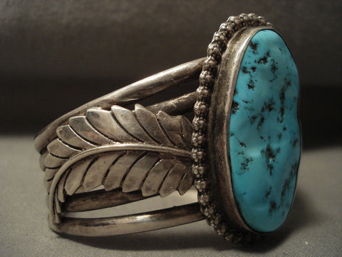 Colossal Leaf Vintage Navajo Natural Turquoise Silver Bracelet Old