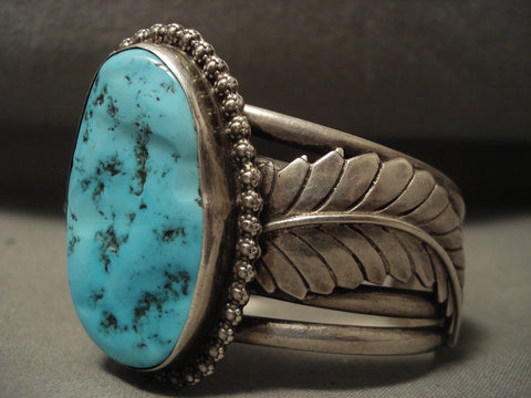 Colossal Leaf Vintage Navajo Natural Turquoise Silver Bracelet Old