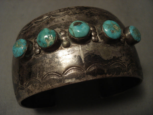 Early Vintage Navajo Wide Hand Pounded Silver Turquoise Bracelet