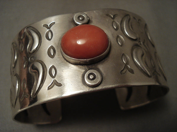 Wide Vintage Navajo 'Fish And Coral' Repoussed Silver Bracelet