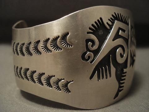 Wide And Stunning Vintage Navajo All Silver Gibson Montana Bracelet Old