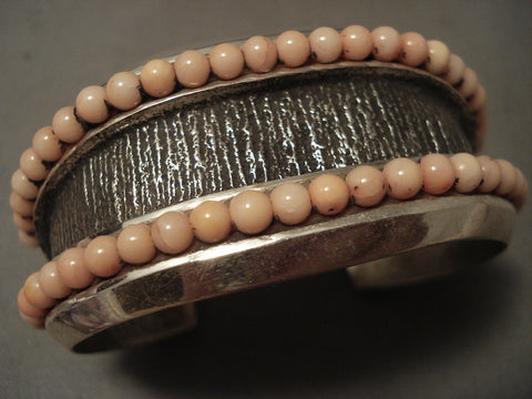 Important Navajo Aaron Anderson Pink Shell Heavy Silver Bracelet