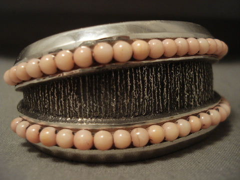 Important Navajo Aaron Anderson Pink Shell Heavy Silver Bracelet