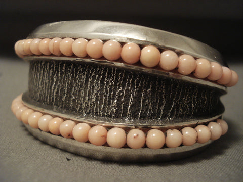 Important Navajo Aaron Anderson Pink Shell Heavy Silver Bracelet