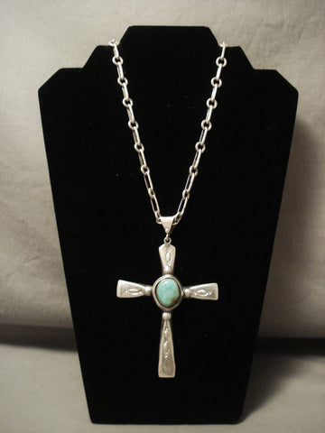 Important Navajo Benny Begaye Natural Green Turquoise Silver Cross Necklace