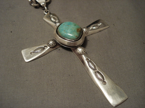 Important Navajo Benny Begaye Natural Green Turquoise Silver Cross Necklace